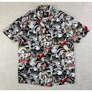 Ed Hardy "Death Before Dishonor" Button Down Shirt Graphic Print Men's S Skulls